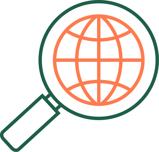 Magnifying glass focusing on a globe icon