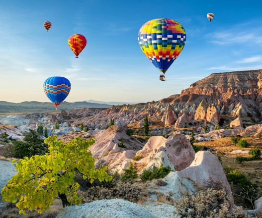 Hot air balloons over mountains